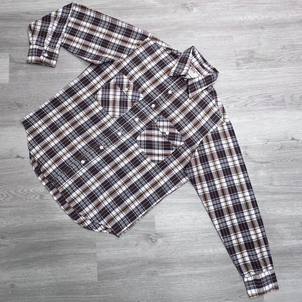 Vintage Montgomery Ward Mens Plaid Button Down‎ Shirt Brown Blue Large 16-16.5